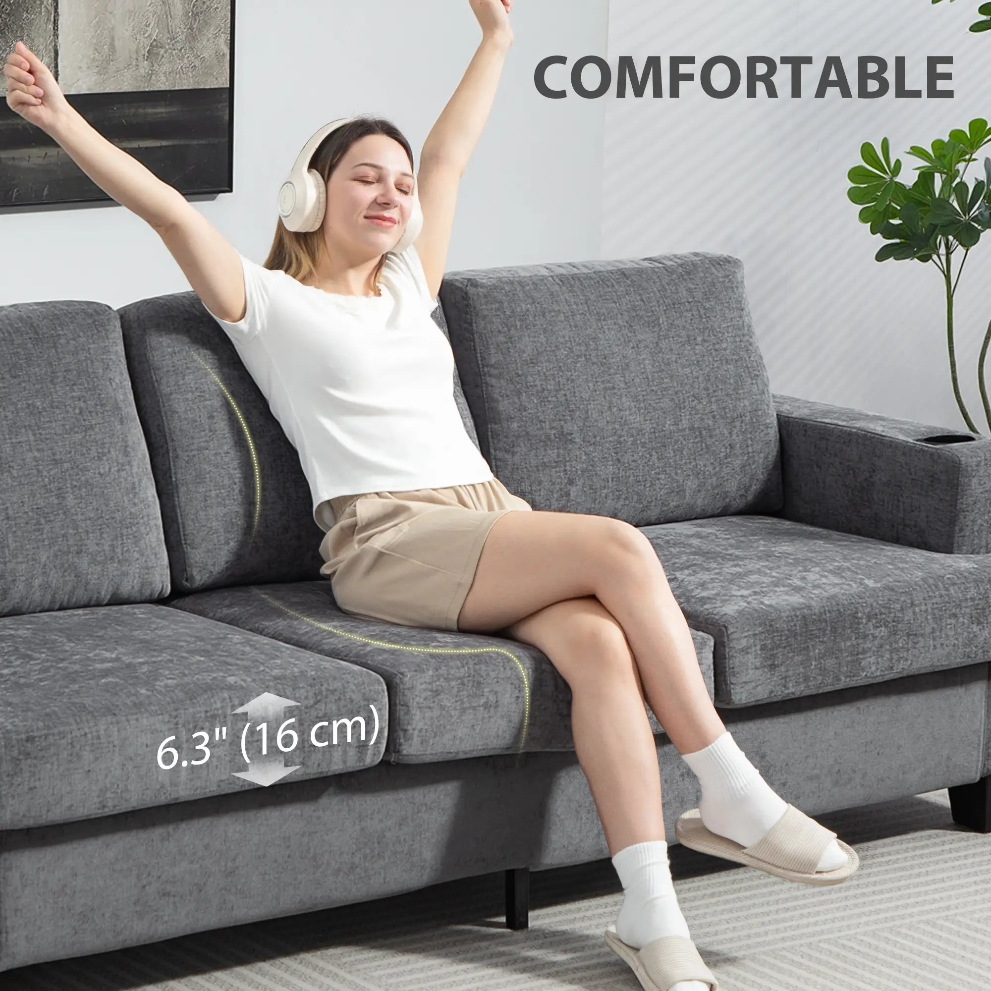 3 Seater Sofa with USB Ports, Cup Holders, Chenille Upholstery, Grey 3-Seater Sofas at Gallery Canada