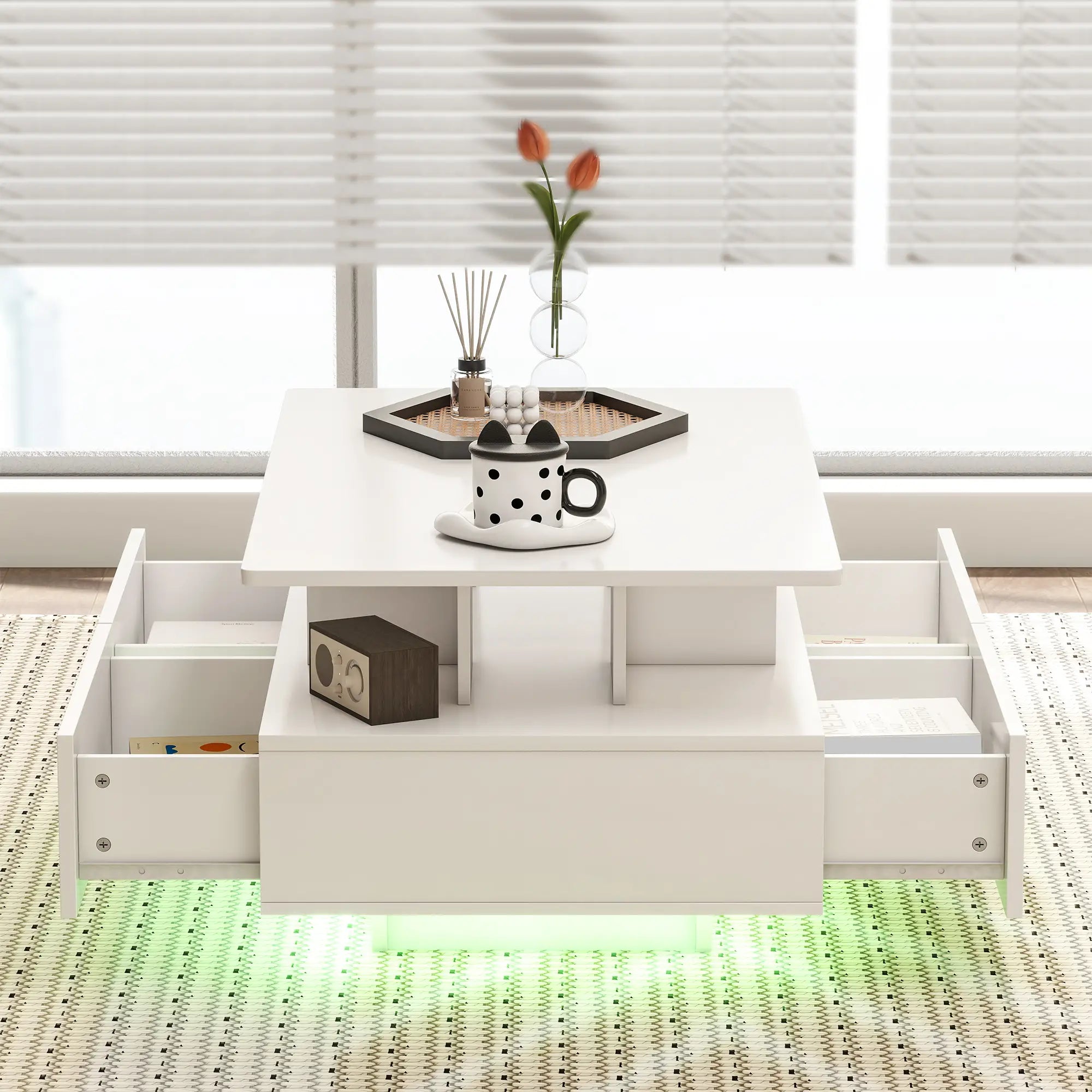 Modern Coffee Table with RGB LED Lights, 4 Drawers, Open Shelf, Remote, High Gloss White, White Coffee Tables at Gallery Canada