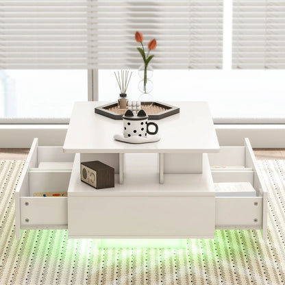 Modern Coffee Table with RGB LED Lights, 4 Drawers, Open Shelf, Remote, High Gloss White, White Coffee Tables at Gallery Canada