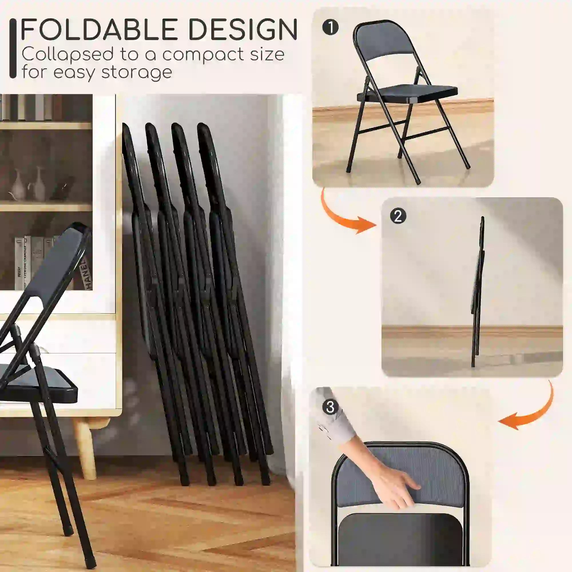 Set of 4 Metal Foldable Chairs, Corduroy Padded, Grey Dining Chairs at Gallery Canada