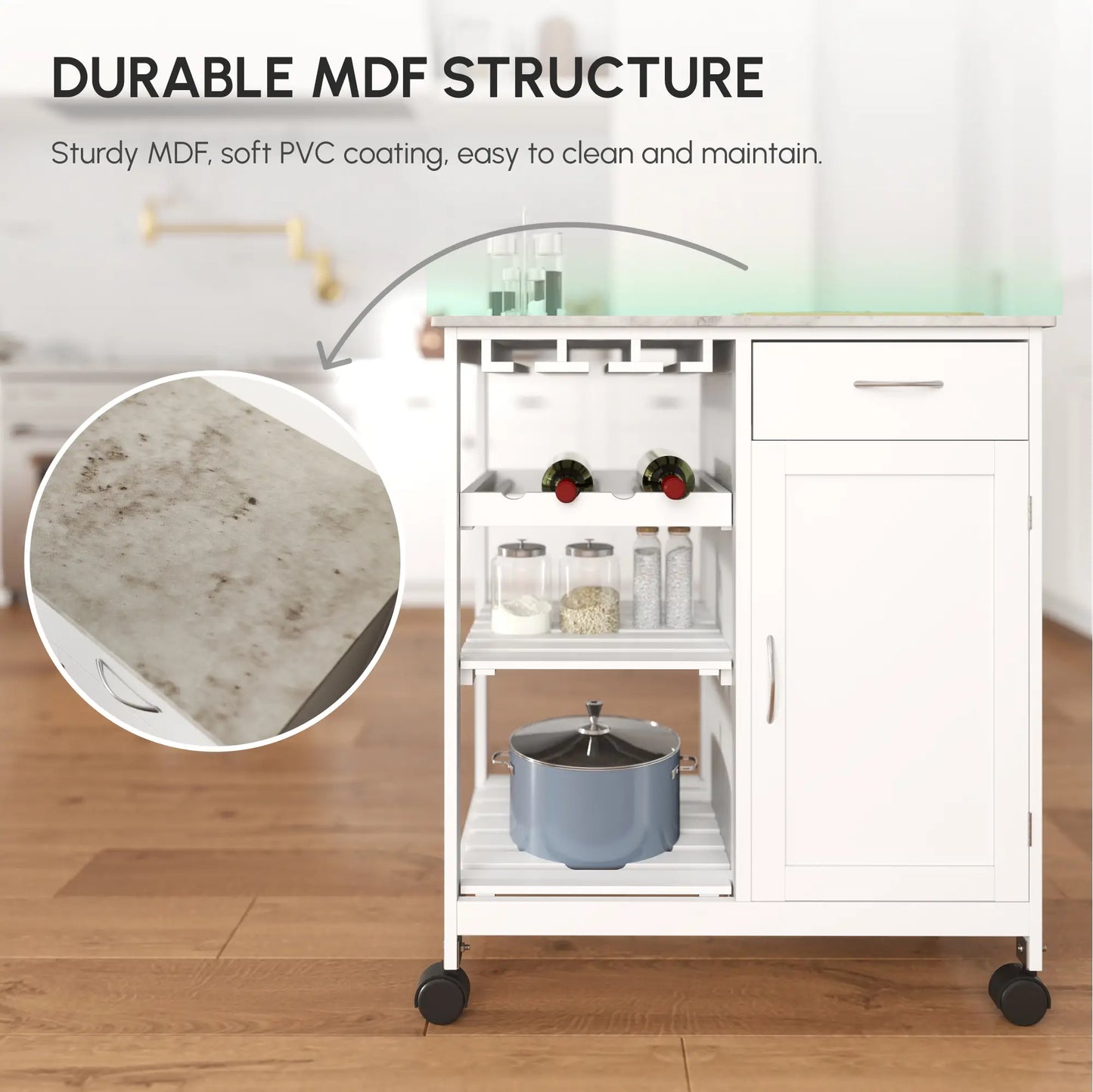 Rolling Kitchen Cart, Bar Cart with Wine Rack, Drawer, Shelves, White Kitchen Islands & Kitchen Carts at Gallery Canada