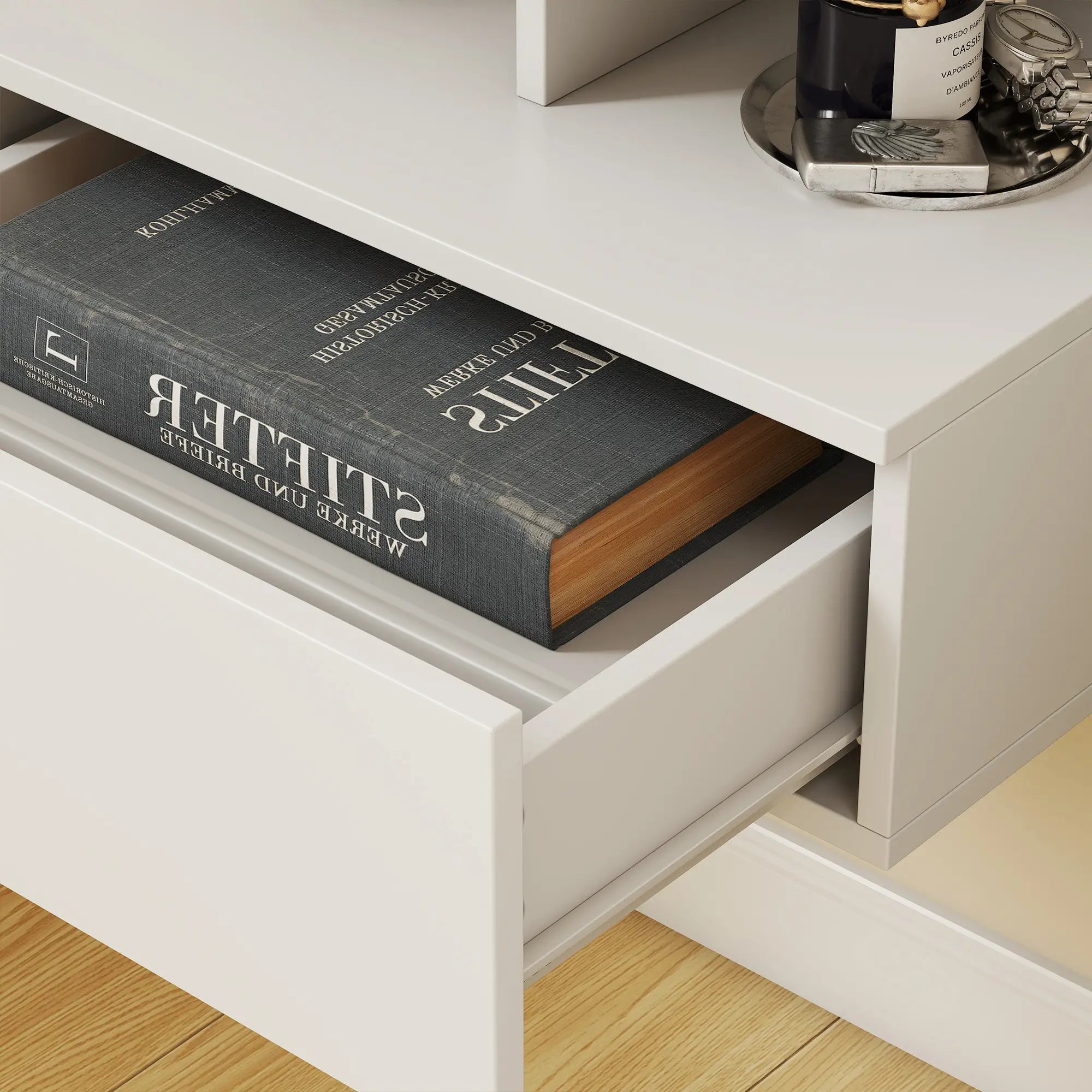 Floating Nightstand Set of 2, Wall Mounted Bedside Table with with Power Outlets, Drawer and Shelf, White Bedside Tables at Gallery Canada