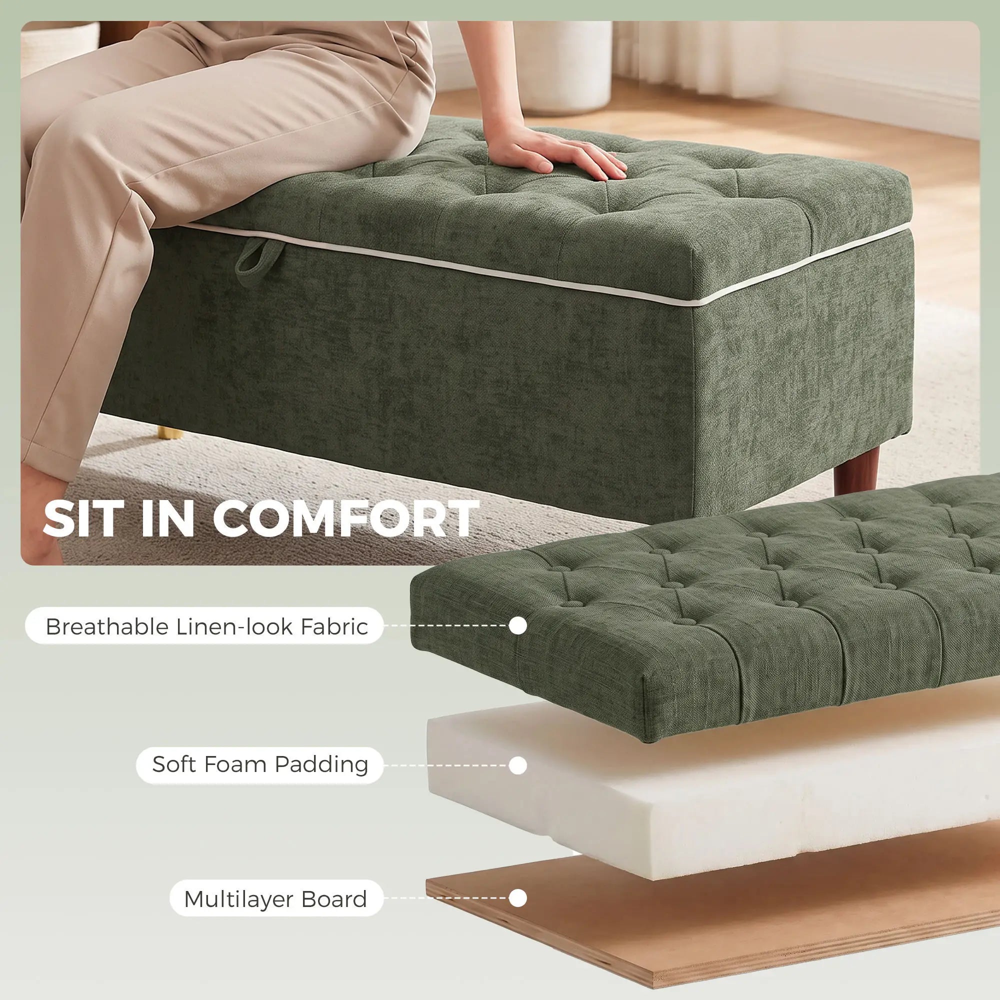 Storage Ottoman Bench, Linen-Look Seat, 264 LBS, Green Storage Ottomans & Benches at Gallery Canada