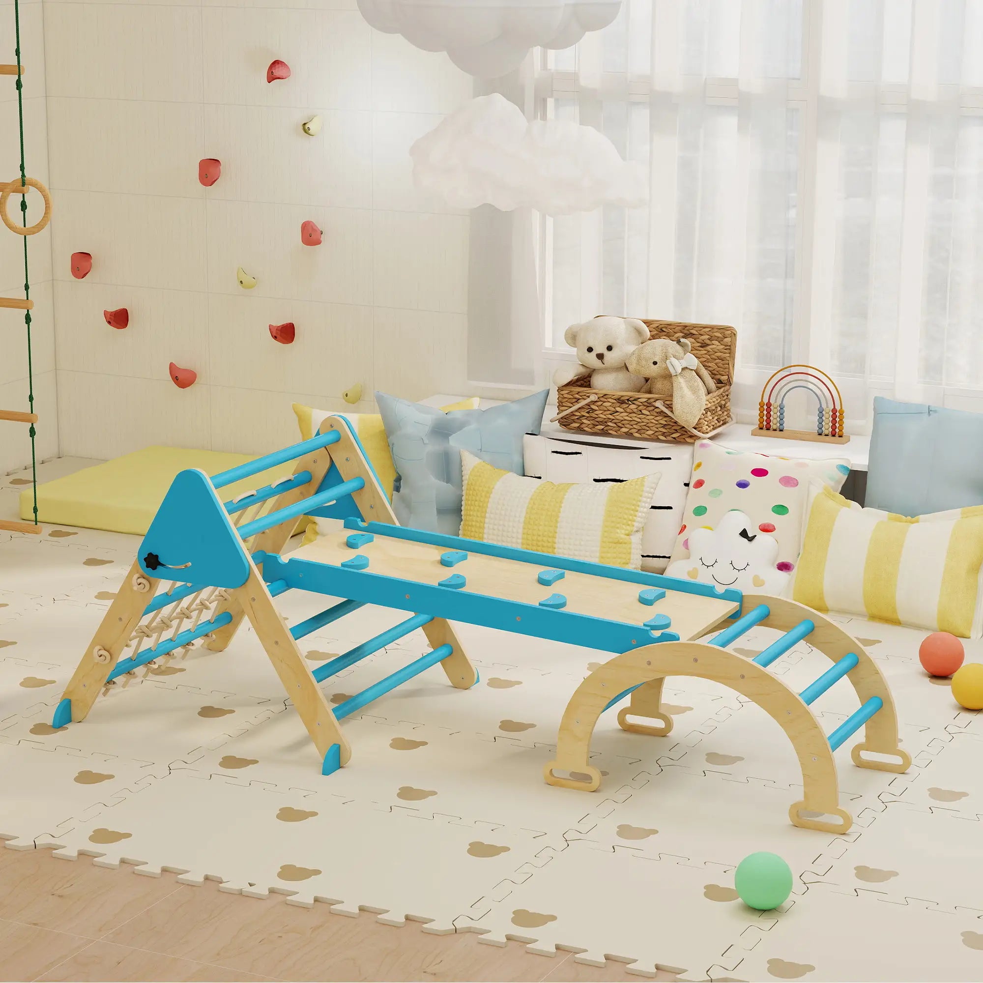 8-in-1 Pikler Triangle Set, Foldable Wooden Climbing Toys, Blue Kids Gym & Playmats at Gallery Canada