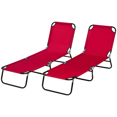 Set of 2 Folding Outdoor Lounge Chairs, Reclining Breathable Mesh, Red
