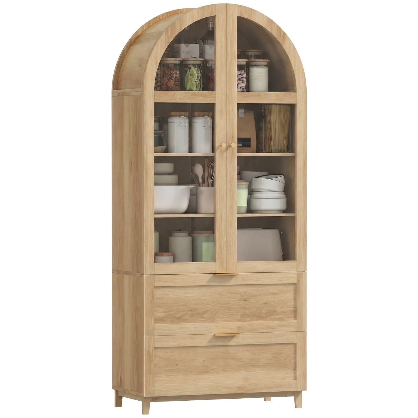 Arched Pantry Cabinet 71" Tall Oak, 2 Drawers, Oak Kitchen Pantry Cabinets at Gallery Canada