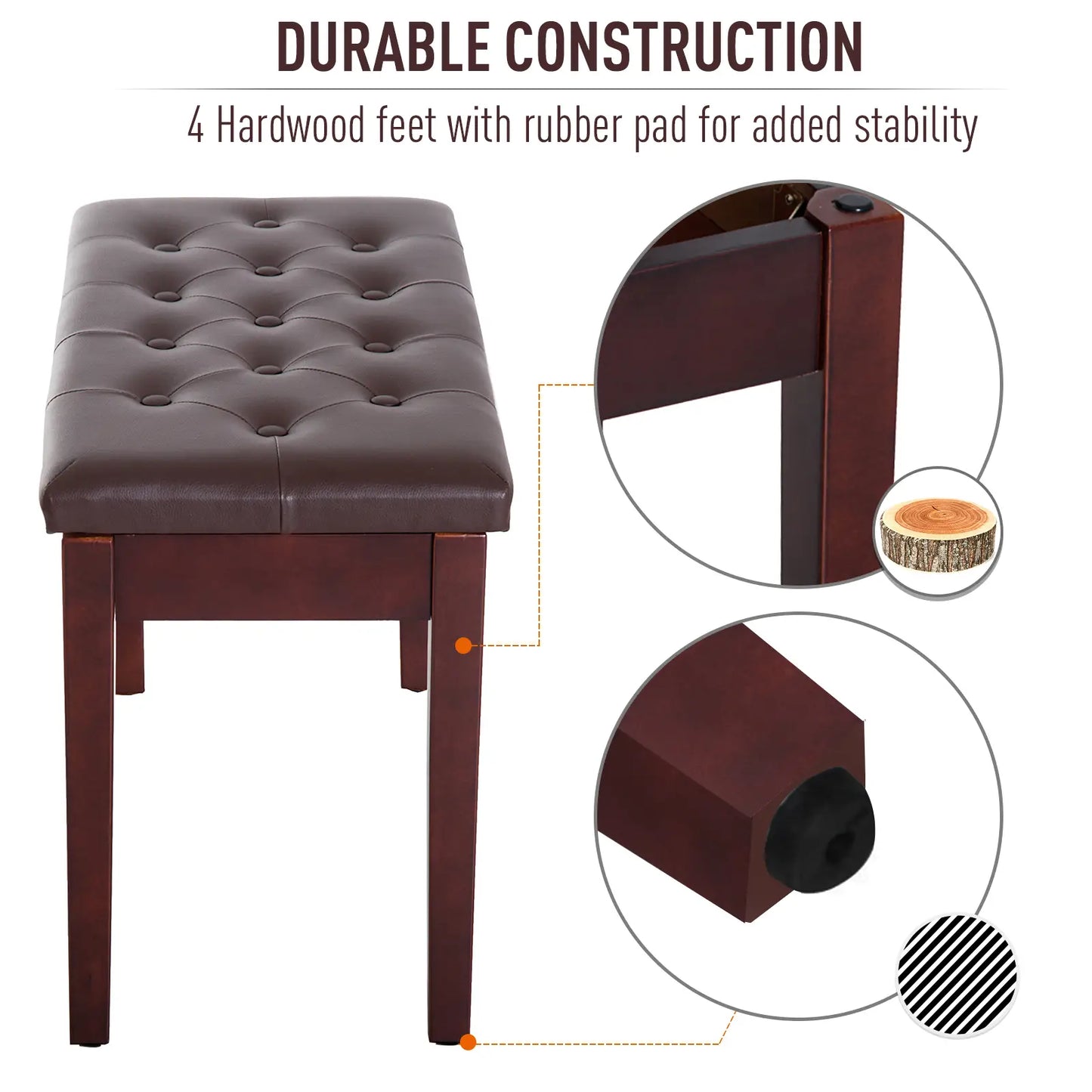 Faux Leather Padded Piano Bench, Double, Music Storage, Brown Piano Benches at Gallery Canada