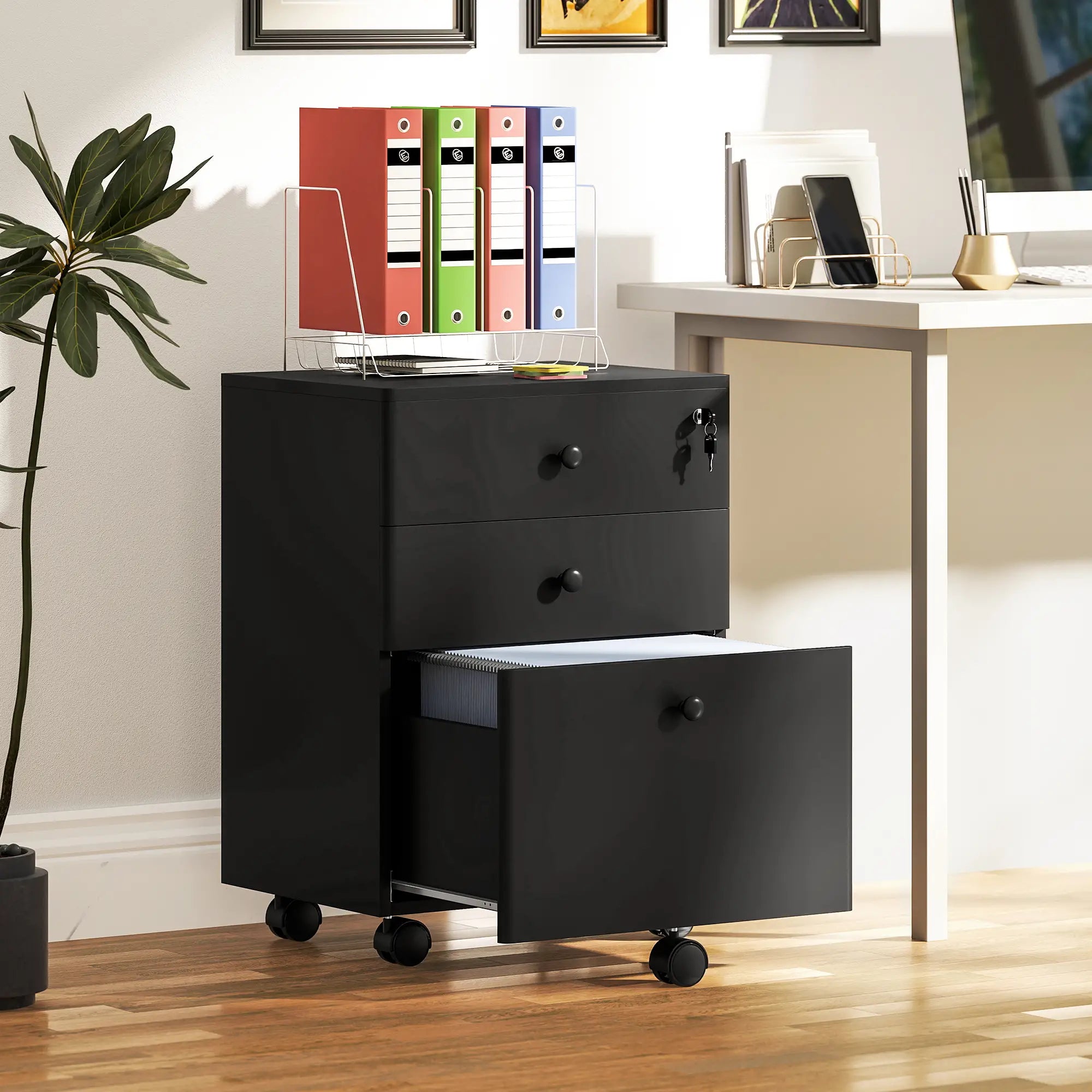 3-Drawer Small Filing Cabinet with Lock, Vertical Office Storage, Black Office Cabinets & Cupboards at Gallery Canada