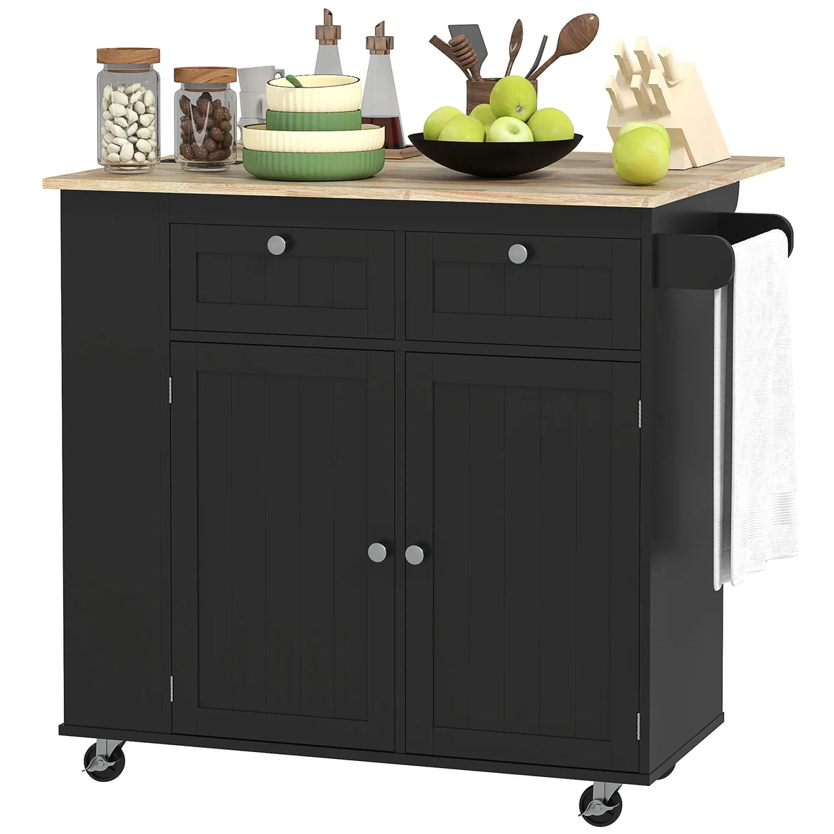 Kitchen Island with Power Outlet, Drop Leaf, 2 Drawers, Black Kitchen Islands & Kitchen Carts Black at Gallery Canada