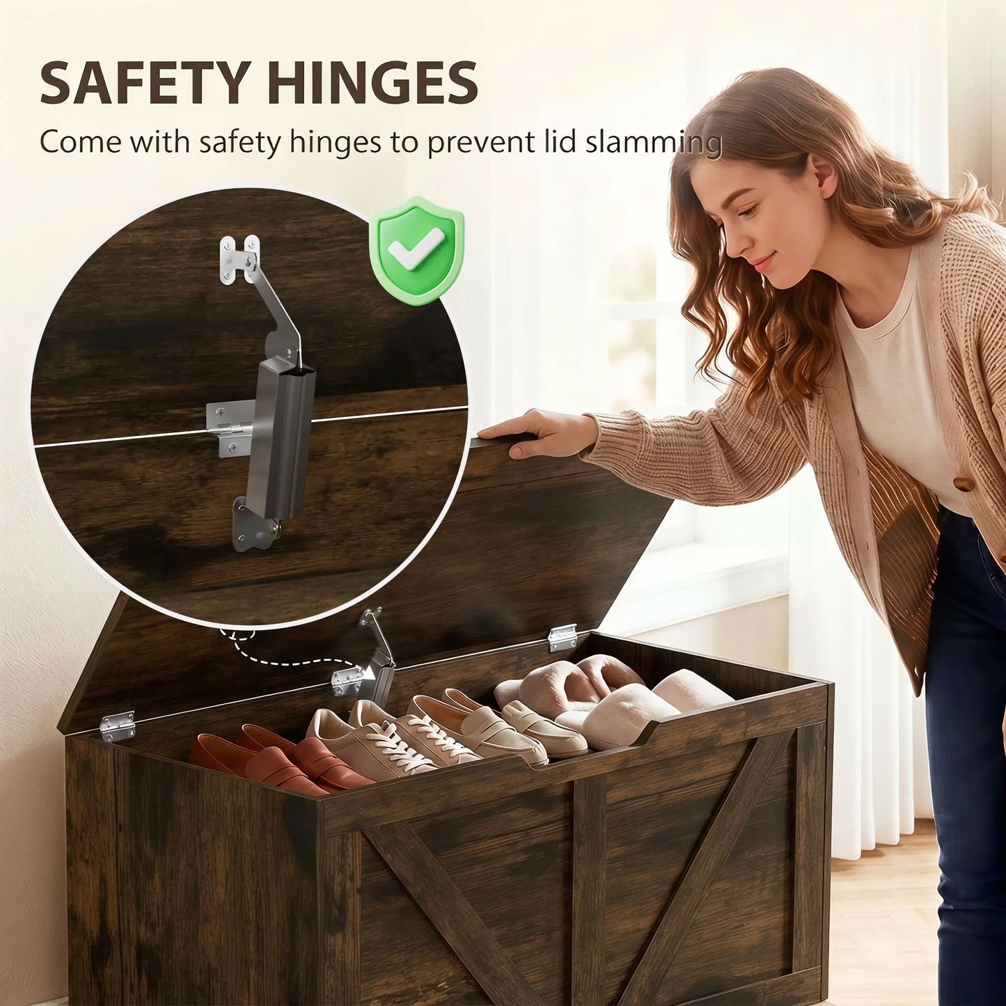 31.5 Inches Storage Chest with Safety Hinge, Rustic Brown Storage Cabinets at Gallery Canada