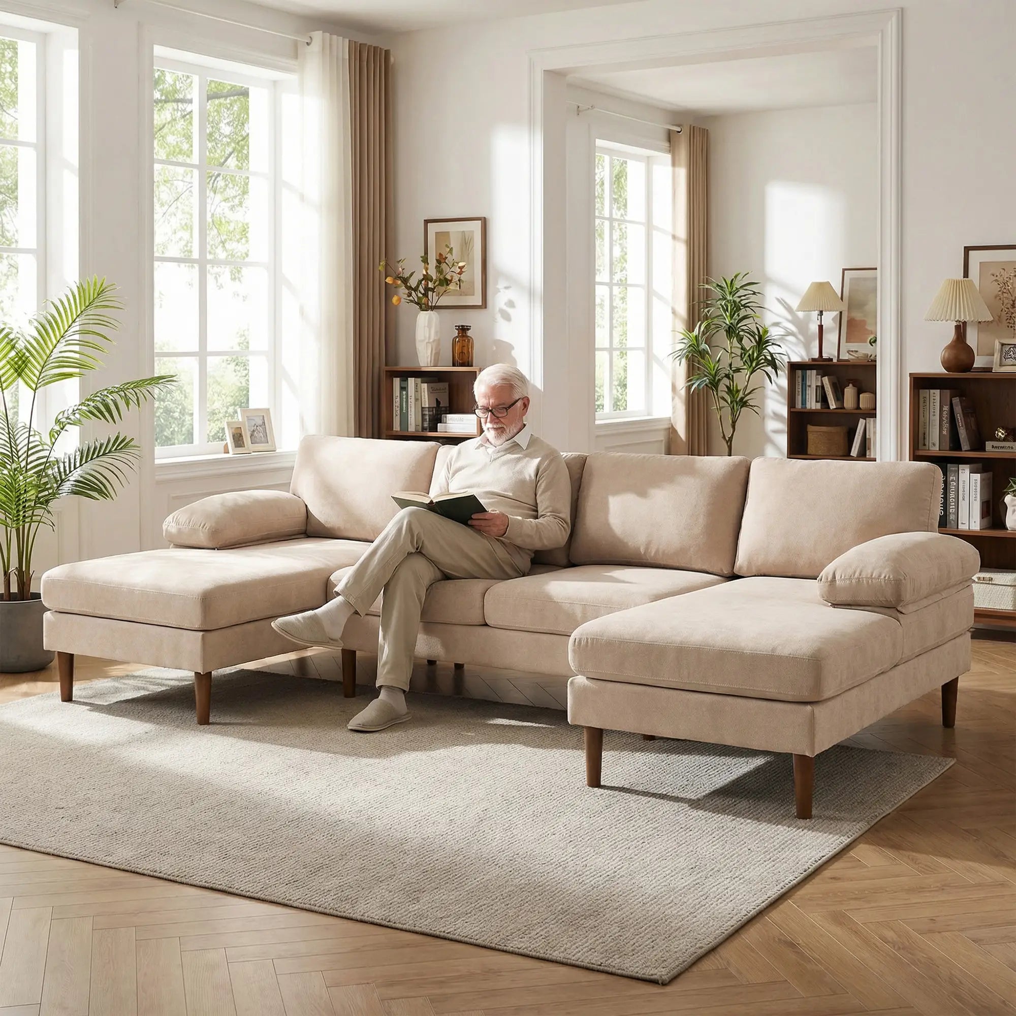 U Shape Couch, Double Chaise Lounge, 4 Seater Sofa, Wooden Legs, Beige Sofas & Reclining Chairs at Gallery Canada