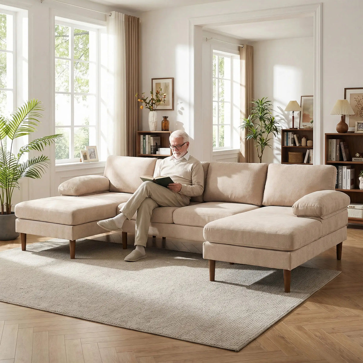 U Shape Couch, Double Chaise Lounge, 4 Seater Sofa, Wooden Legs, Beige Sofas & Reclining Chairs at Gallery Canada