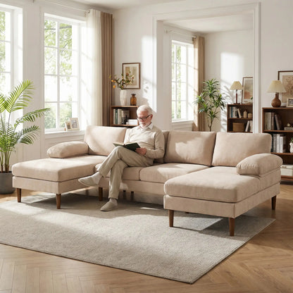 U Shape Couch, Double Chaise Lounge, 4 Seater Sofa, Wooden Legs, Beige Sofas & Reclining Chairs at Gallery Canada