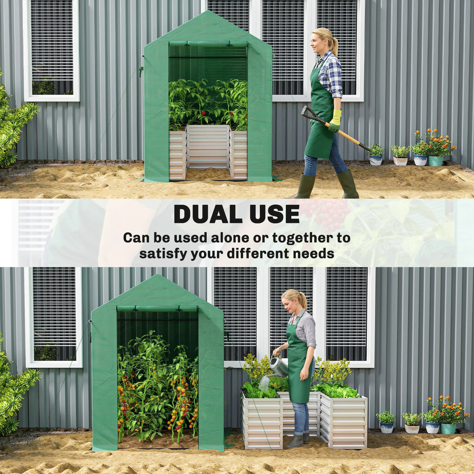 Greenhouse With Raised Garden Bed, Galvanized Metal Planter Box, 56