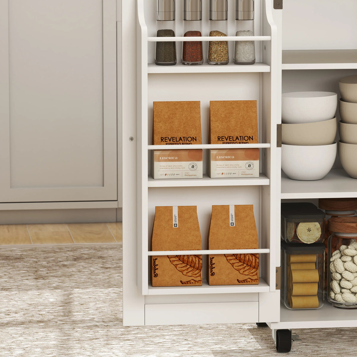 Kitchen Island Cart, Rolling Table with Drop Leaf, Drawer, Spice Rack, White Kitchen Islands & Kitchen Carts at Gallery Canada