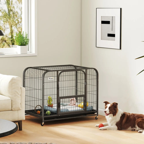 37 Inch Heavy Duty Dog Crate, Large Metal Cage With Lockable Wheels