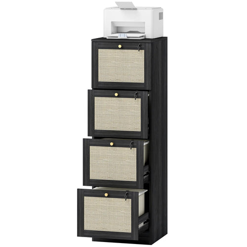 4 Drawer Filing Cabinet with Lock, Boho Style, A4 Letter Size, Black