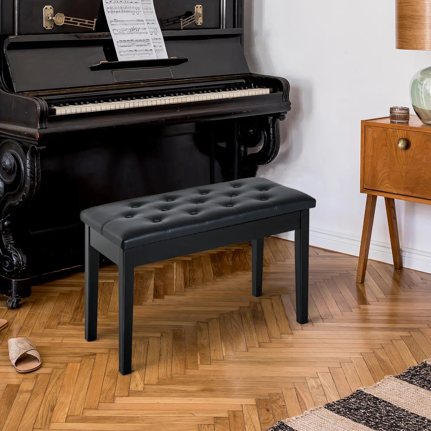 Padded Piano Bench With Storage, Faux Leather, Wood Legs, Black Piano Benches at Gallery Canada