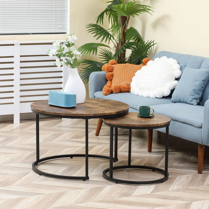 29" Round Nesting Tables, Set of 2, Metal Base, Rustic Brown Coffee Tables at Gallery Canada