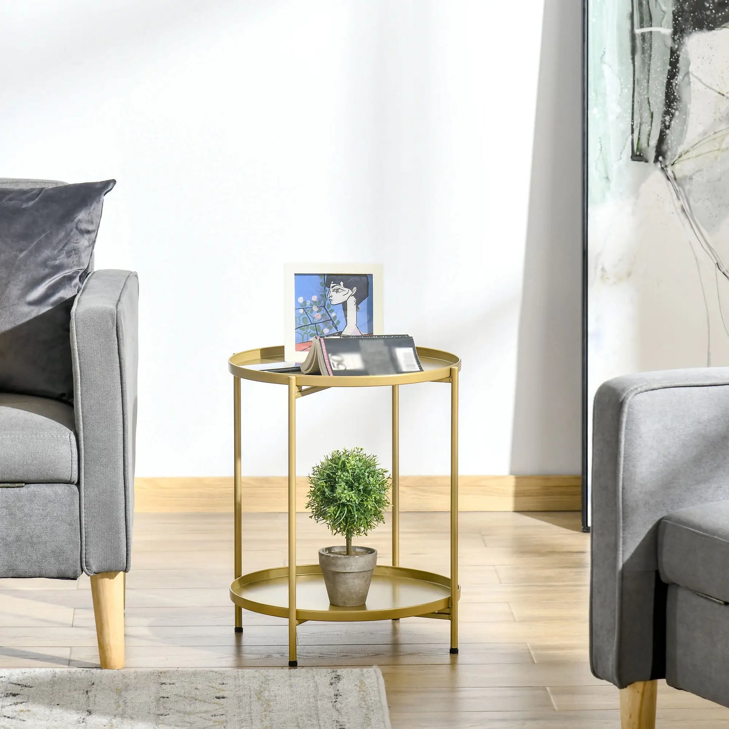 2-Tier Gold Side Table, Round Nightstand, Removable Trays, Folding Metal Frame, Gold Side Tables at Gallery Canada