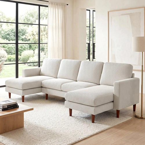 U Shaped Sectional Sofa, Corduroy, Double Chaise, Spring Cushions, 2200lb, Beige