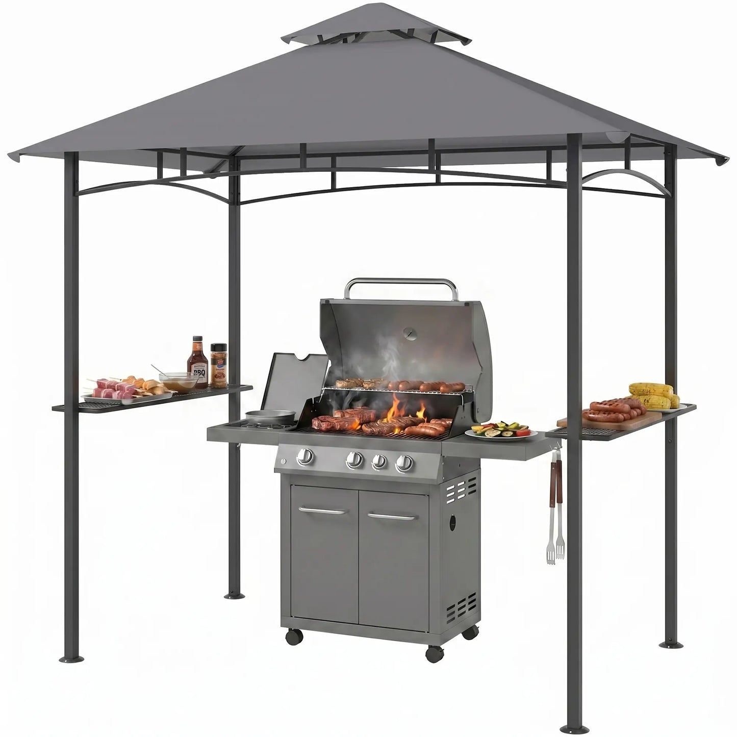 8' x 5' BBQ Grill Gazebo Tent, Double Tiered Canopy, Outdoor Sun Shade, Grey BBQ Grill Gazebos Grey at Gallery Canada