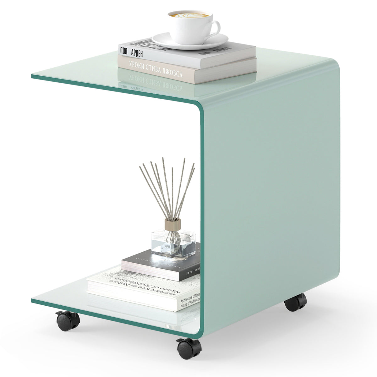 C-Shaped End Table Modern Tempered Glass Side Table with Shelf, White End & Side Tables at Gallery Canada