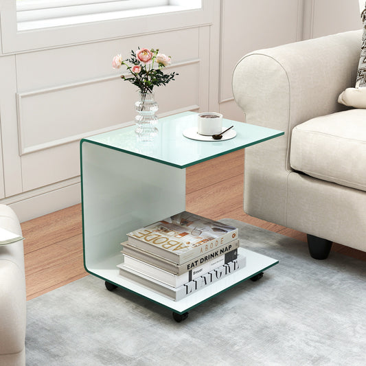 C-Shaped End Table Modern Tempered Glass Side Table with Shelf, White End & Side Tables White at Gallery Canada