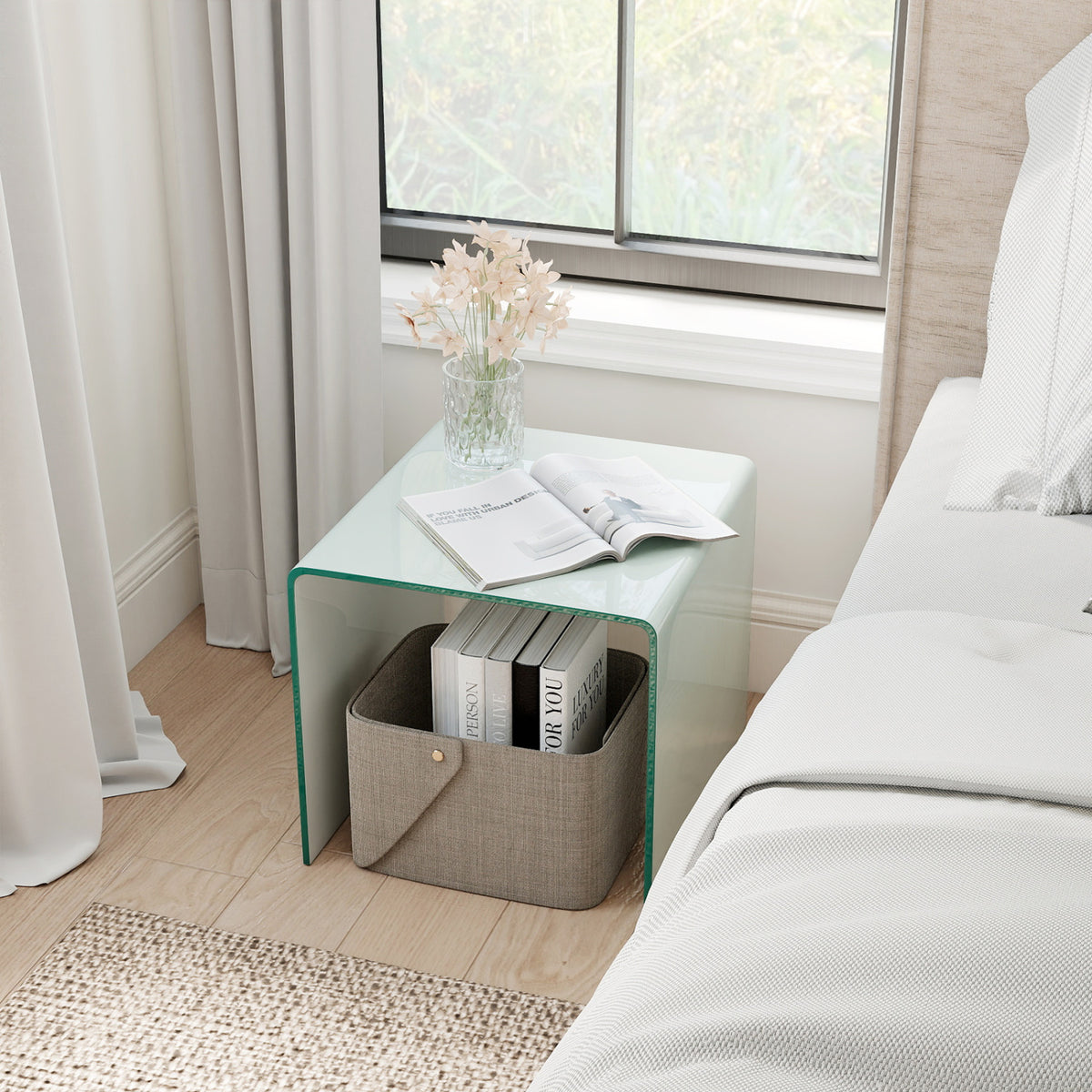 C-Shaped End Table Modern Tempered Glass Side Table with Shelf, White End & Side Tables at Gallery Canada