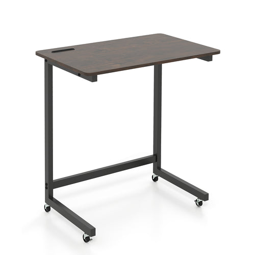 C-Shaped End Table With Wheels, Built-In Phone Slot, Rustic Brown
