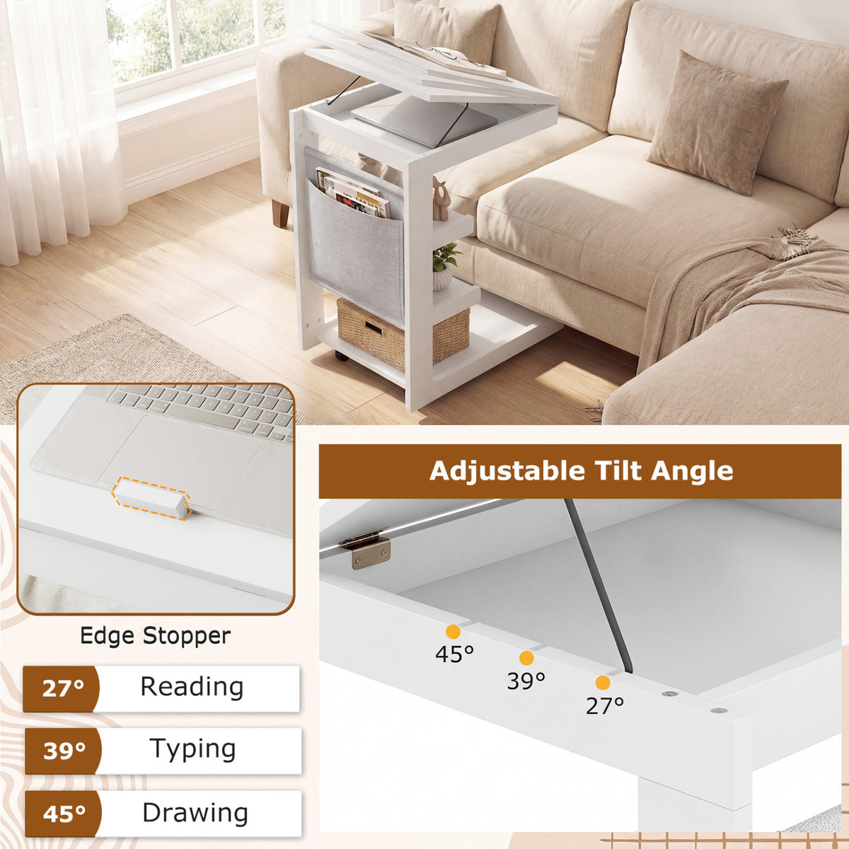 C-Shaped End Table With Wheels, White End & Side Tables at Gallery Canada