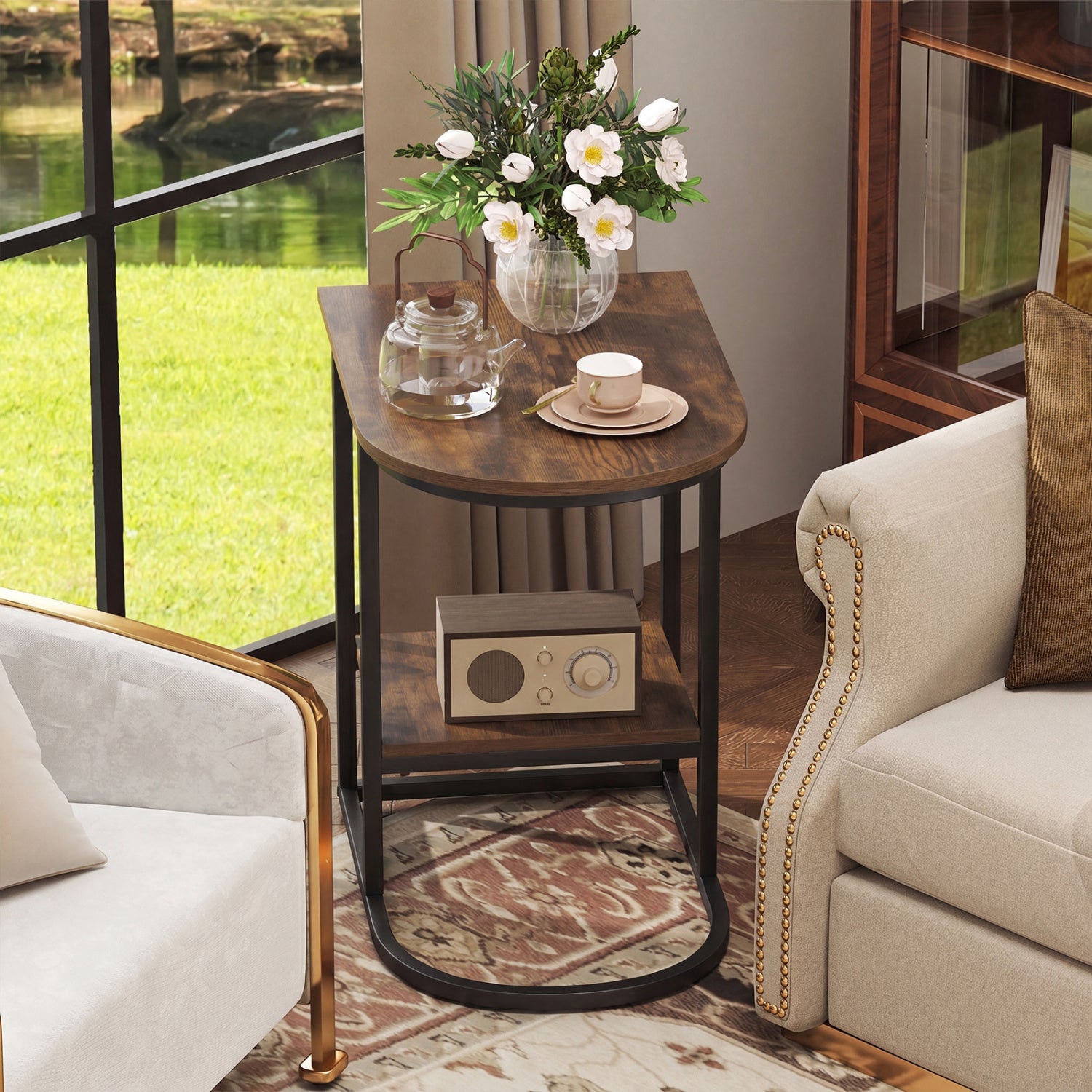C-shaped Modern Sofa Side Table with Storage Shelf Faux and Marble Tabletop , Rustic Brown End & Side Tables at Gallery Canada