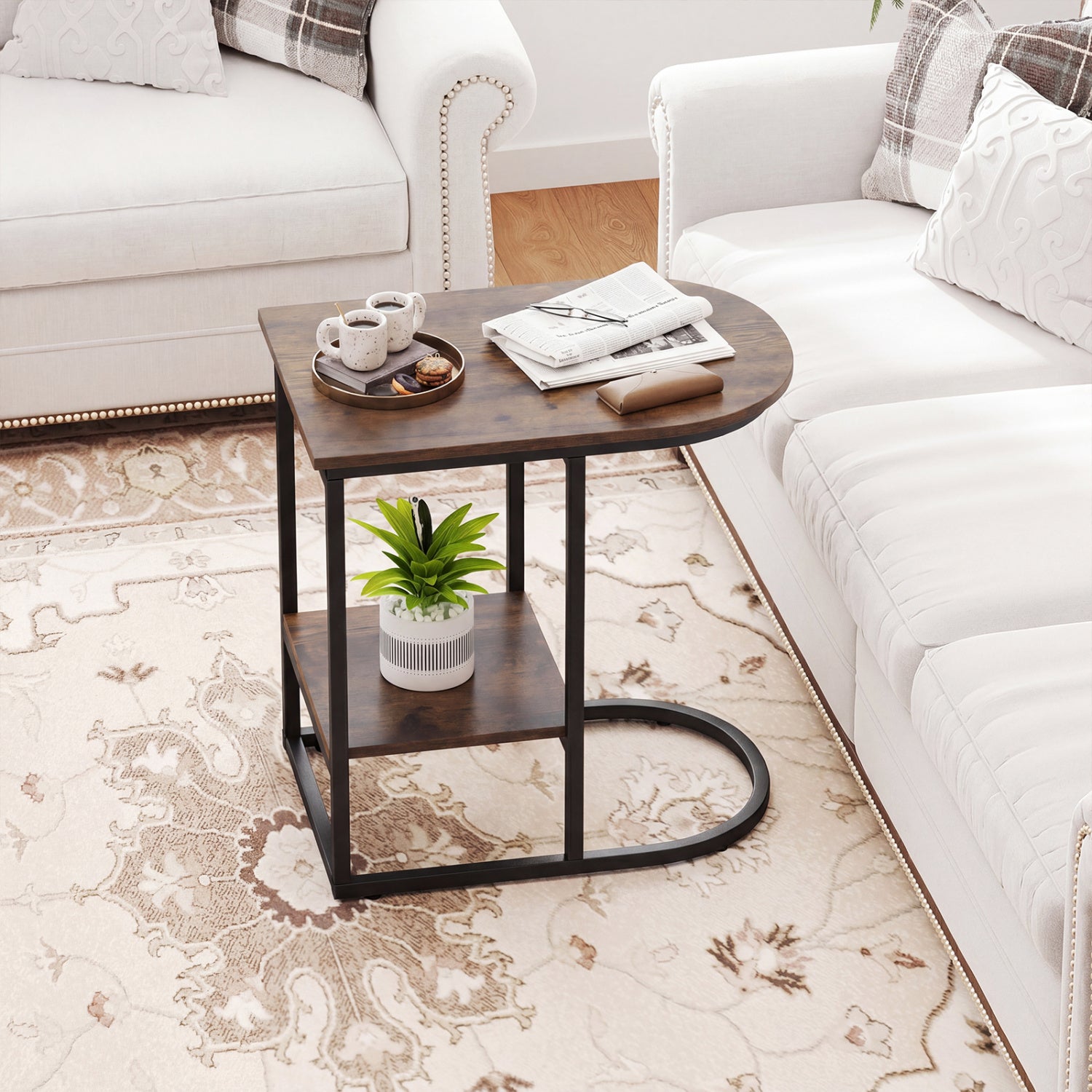 C-shaped Modern Sofa Side Table with Storage Shelf Faux and Marble Tabletop , Rustic Brown End & Side Tables at Gallery Canada