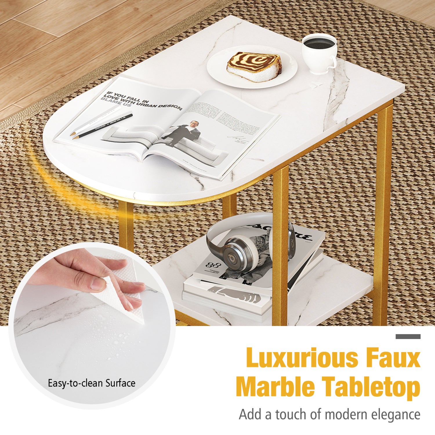 C-Shaped Sofa Side Table with Storage Shelf, White End & Side Tables at Gallery Canada