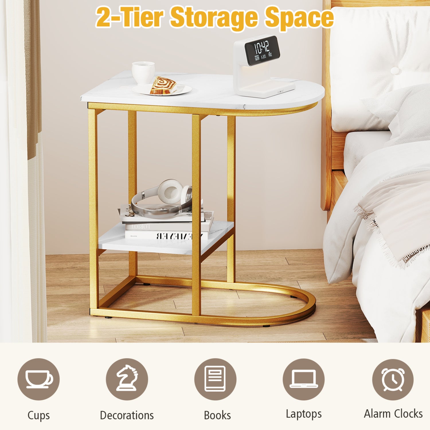 C-Shaped Sofa Side Table with Storage Shelf, White End & Side Tables at Gallery Canada