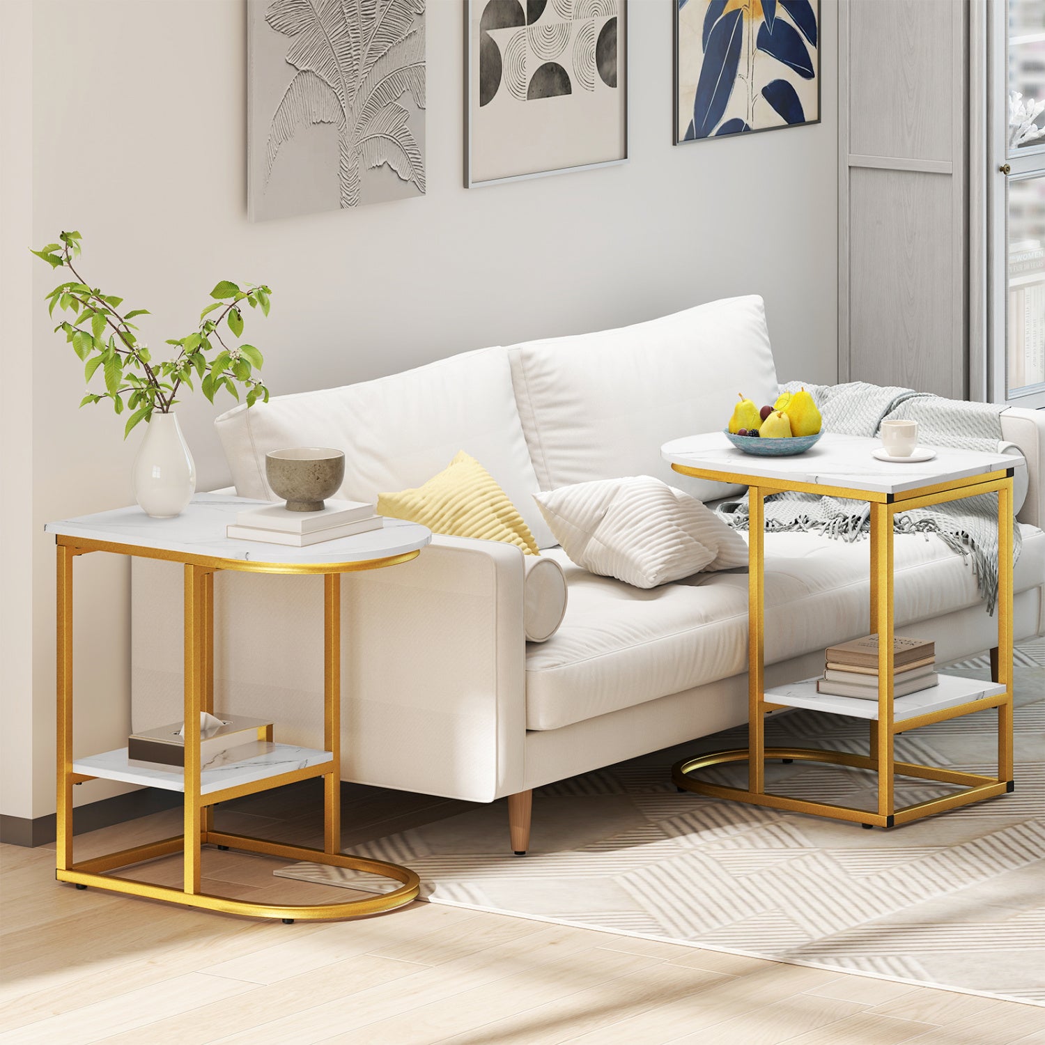 C-Shaped Sofa Side Table with Storage Shelf, White End & Side Tables at Gallery Canada