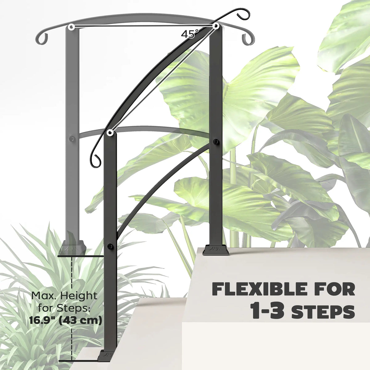 Outdoor Step Handrails, 1-3 Step, Metal Railing with Kit, Black Garden Decor at Gallery Canada