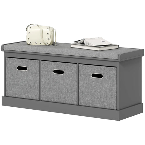 Shoe Storage Bench with Seat, 3 Fabric Drawers, Dark Grey