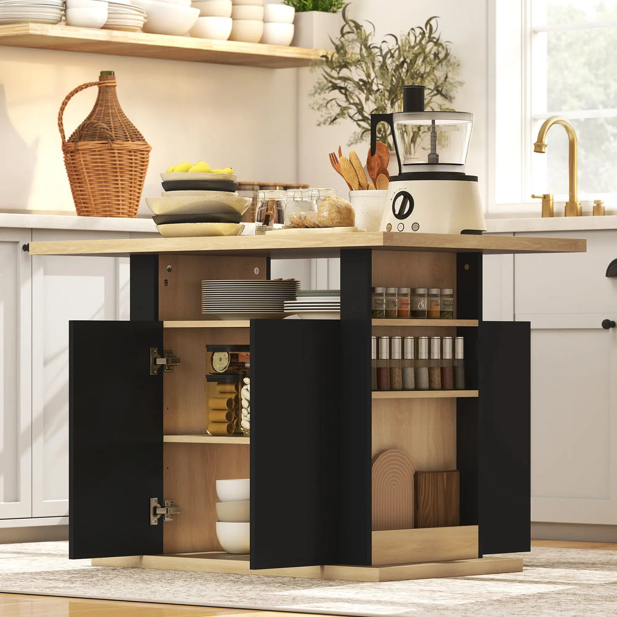 Kitchen Island Dining Table, 4-Door Cabinet, Black Kitchen Islands & Kitchen Carts at Gallery Canada