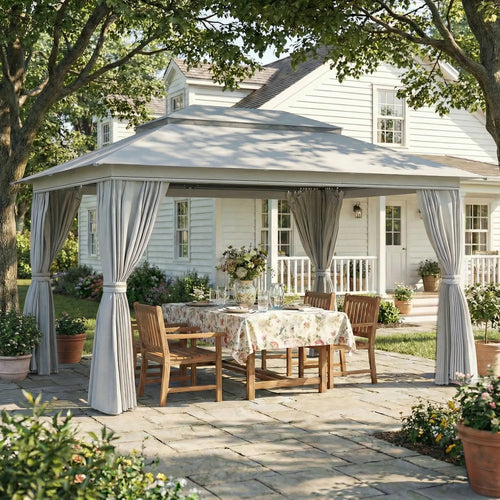 10' x 13' Patio Gazebo, UPF50+ Double Roof, Steel Frame, Dark Grey