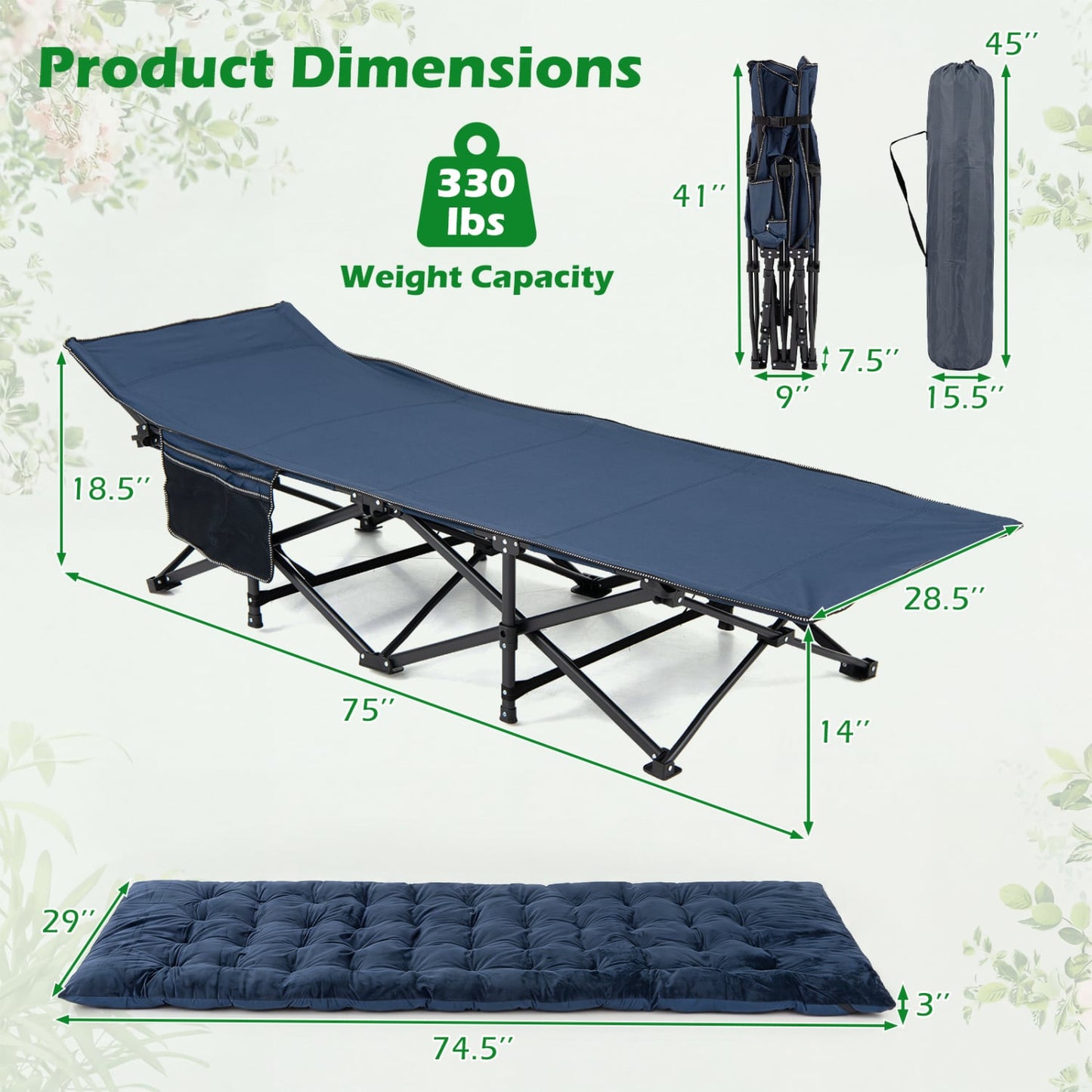 Camping Cot With Padded Mat And Bag, Navy Camping Furniture at Gallery Canada