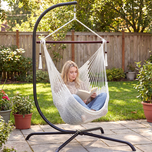 Caribbean Hammock Chair with Metal Spreader Bar Woven Rope Swing, Beige