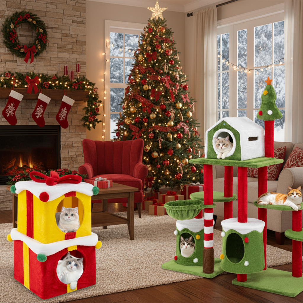 Cat Furniture Set with 58 Inch Tall Cat Tree Tower and 2 Gift Box Shaped Cute Christmas Cat House Cat Supplies at Gallery Canada