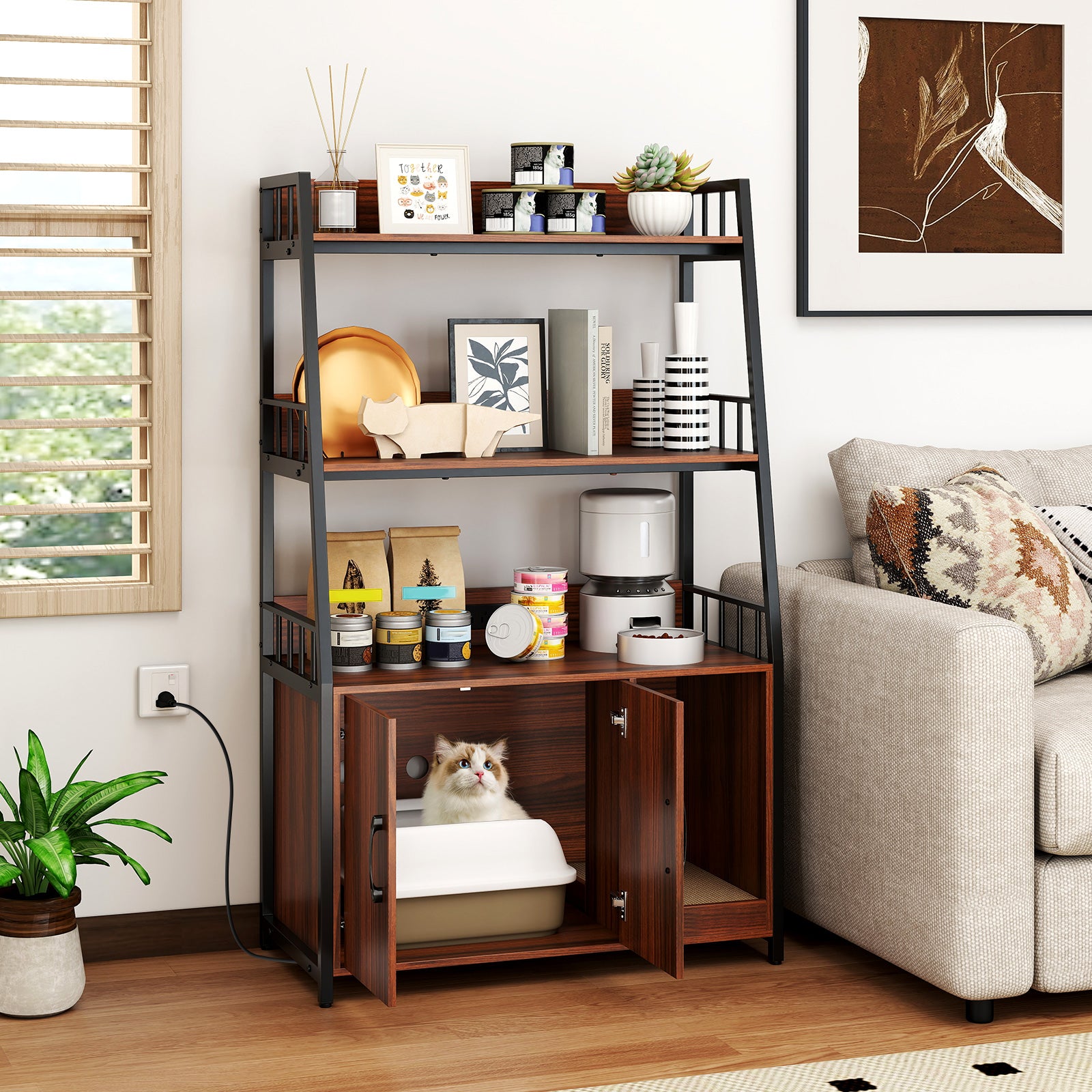 Cat Litter Box Enclosure, Walnut, With Storage Shelves And Scratching Pad Cat Houses at Gallery Canada