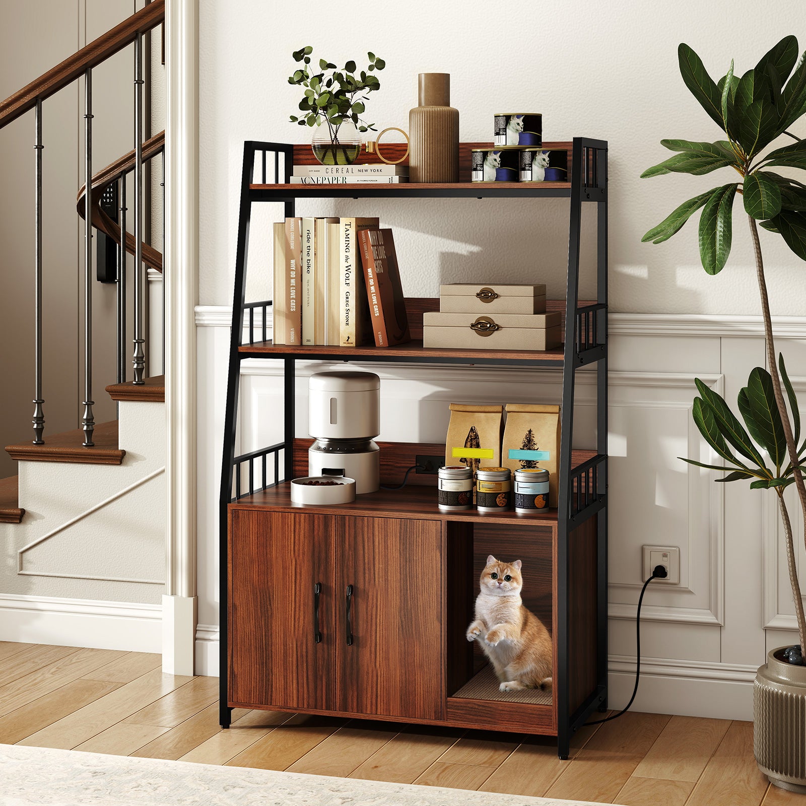 Cat Litter Box Enclosure, Walnut, With Storage Shelves And Scratching Pad Cat Houses at Gallery Canada