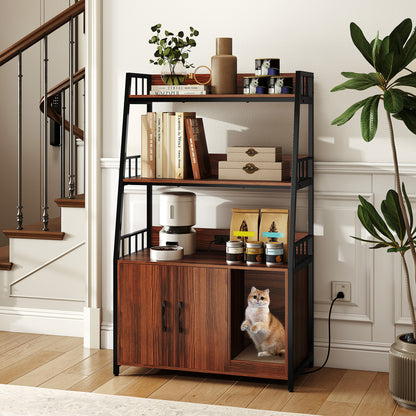 Cat Litter Box Enclosure, Walnut, With Storage Shelves And Scratching Pad Cat Houses at Gallery Canada