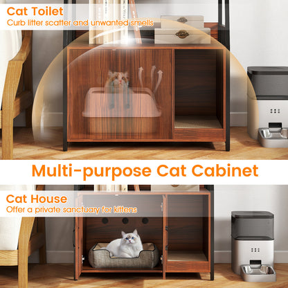 Cat Litter Box Enclosure, Walnut, With Storage Shelves And Scratching Pad Cat Houses at Gallery Canada