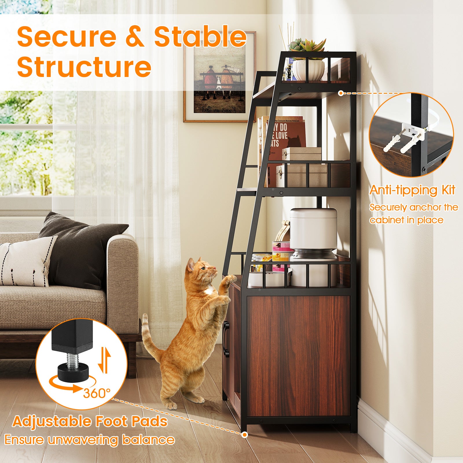 Cat Litter Box Enclosure, Walnut, With Storage Shelves And Scratching Pad Cat Houses at Gallery Canada