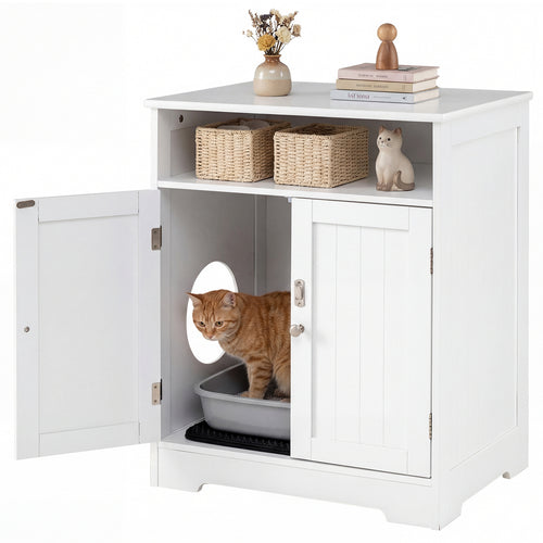 Wooden Cat Litter Box Enclosure, Hidden Pet Washroom Furniture, White