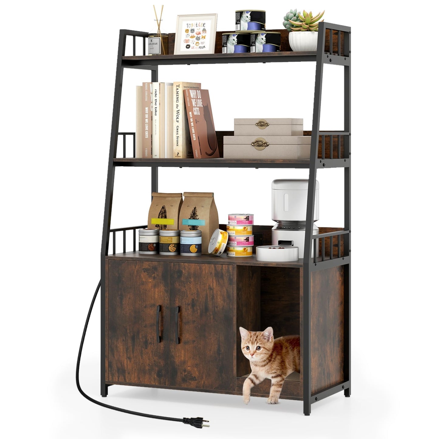 Cat Litter Box Enclosure, Storage Shelves, Scratching Pad, Brown Cat Houses Rustic Brown at Gallery Canada
